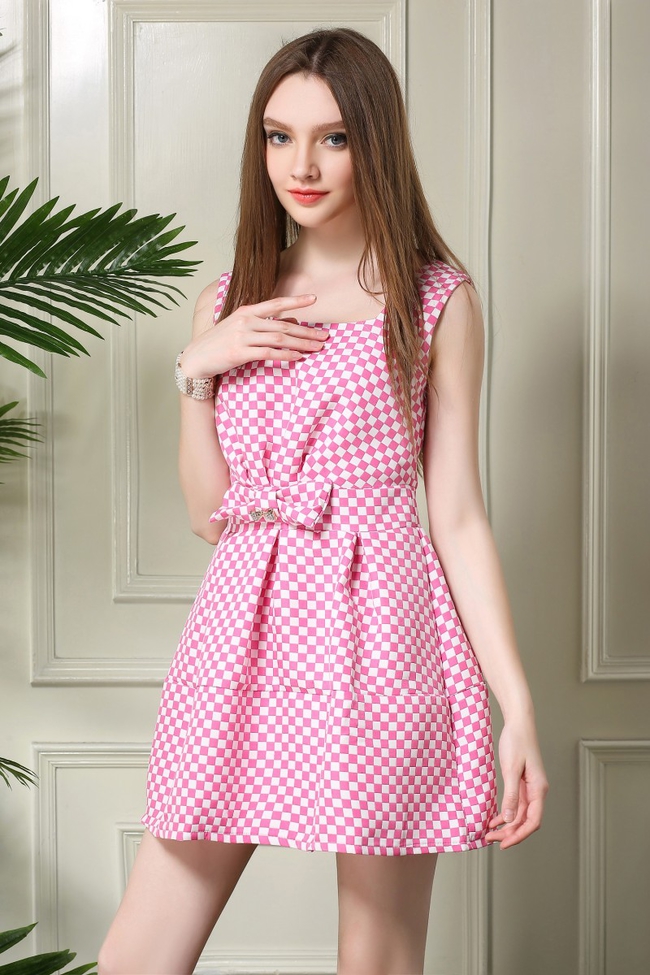 SweetGridPrintBowknotSmartWaistSunDress-DFE051326