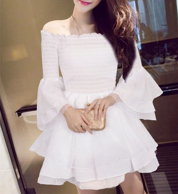 SweetheartWhiteLongSleeveFluffySlashNeckFittedKoreanDress-XFE082510WI