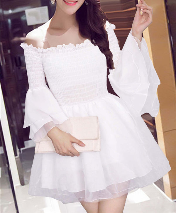 SweetheartWhiteLongSleeveFluffySlashNeckFittedKoreanDress-XFE082510WI