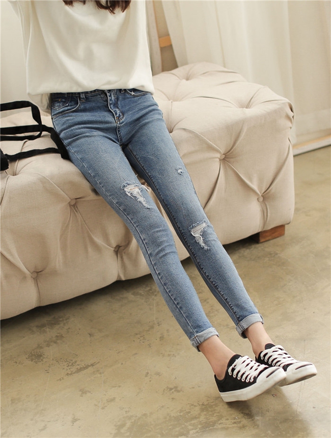 TheLatestDesignKoreanLeisureBlueScratchDenimPencilJean-XHE060425BU