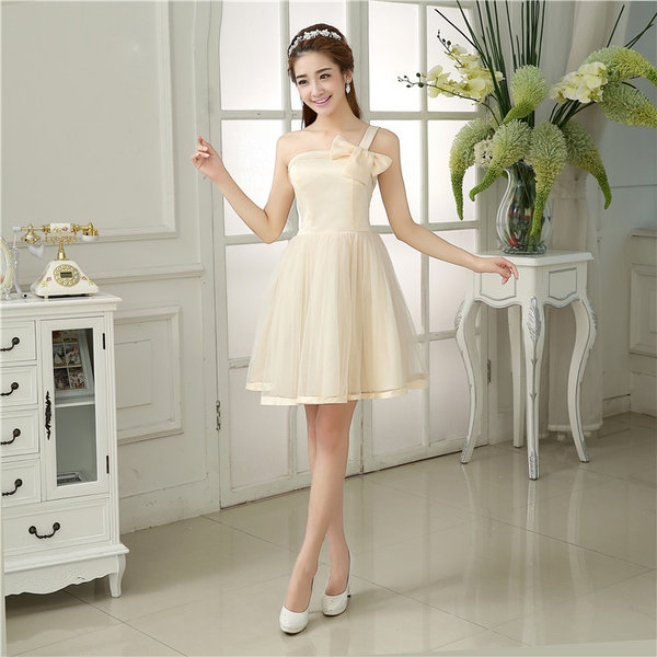 TrendySlimmingOneShoulderKneeLengthBowTunicBridesmaidPartySexyDresses-LYE092548