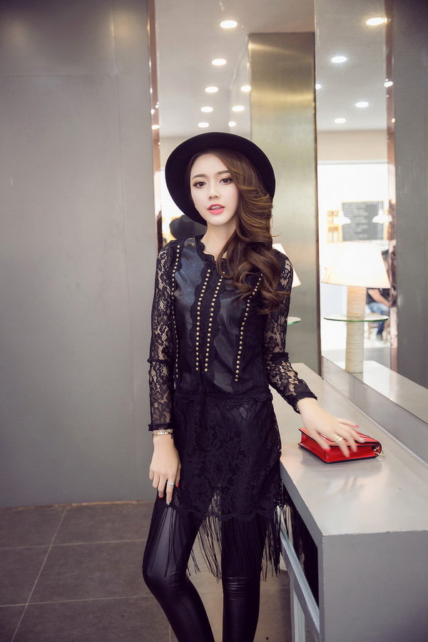 UniqueDesignKoreanWomenLongSleeveLaceSplicedRivetFringeCasualDresses-ZME102753BA