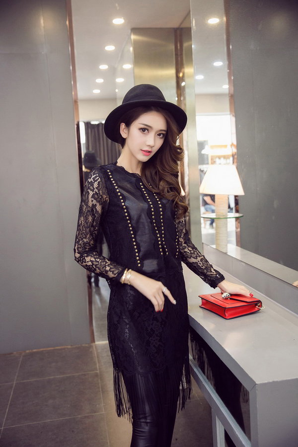 UniqueDesignKoreanWomenLongSleeveLaceSplicedRivetFringeCasualDresses-ZME102753BA