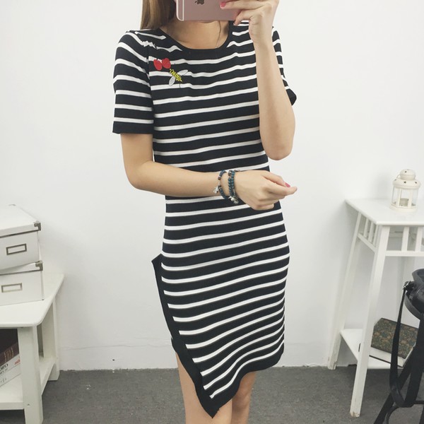 UniqueDesignStripeEmbroideryONeckFashionDresses-TFK080121SR