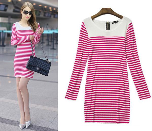 VintageDesignWomenStripedLongSleeveRedDresses-ZME082215RD