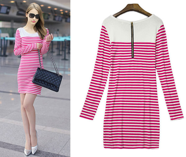 VintageDesignWomenStripedLongSleeveRedDresses-ZME082215RD