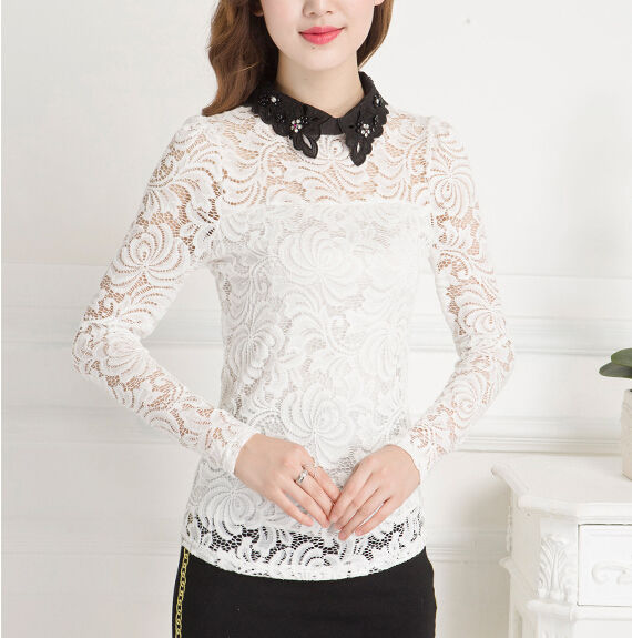 WhiteLaeSplicedBeadingLongSleeveCasualBlouse-ZME082608WI