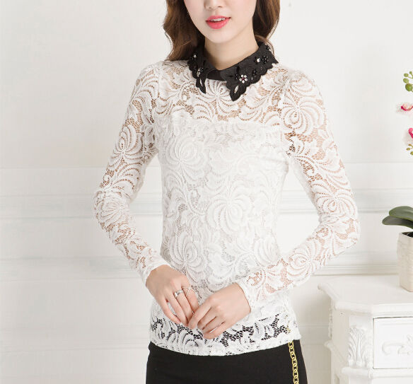 WhiteLaeSplicedBeadingLongSleeveCasualBlouse-ZME082608WI