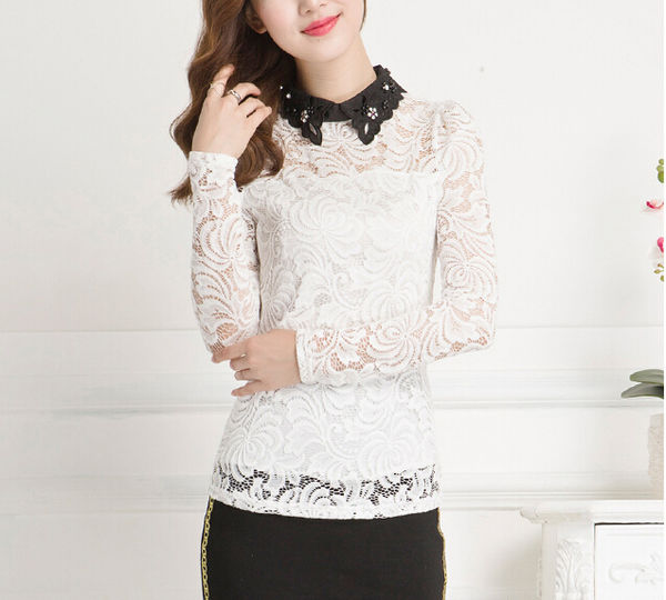 WhiteLaeSplicedBeadingLongSleeveCasualBlouse-ZME082608WI