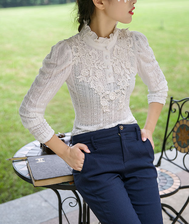 WhiteLongSleeveRuffleHookFlowersWomenBlouse-ZME083133WI