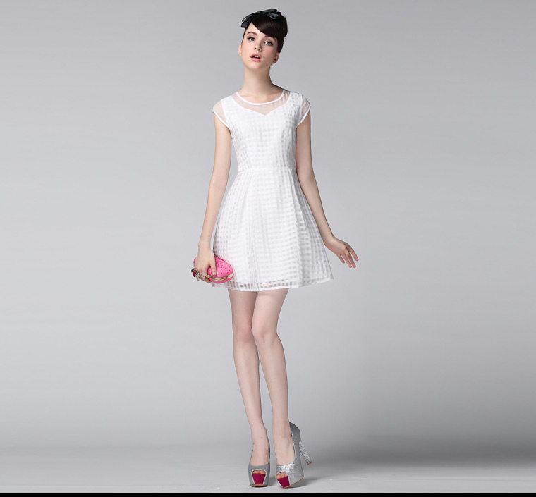 Wholesale2014SummerNewestHighQualityFashionPrettyWhiteShortSleeveO-NeckPlaidChiffonDress-YMT062527WI