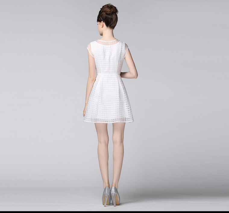 Wholesale2014SummerNewestHighQualityFashionPrettyWhiteShortSleeveO-NeckPlaidChiffonDress-YMT062527WI