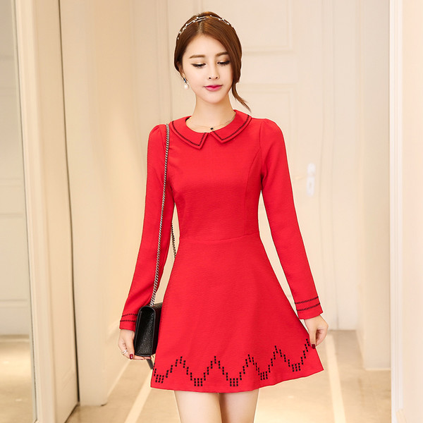 WholesaleDollCollarEmbroiderySlimFashionDresses-TFK081107