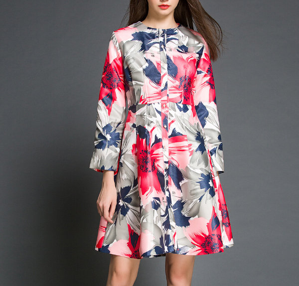 WholesaleFashionWomenFloralPrintingSingle-breastedLongSleevePleatedCoatDresses-ZME092810