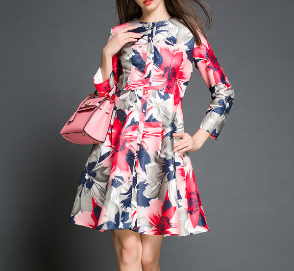 WholesaleFashionWomenFloralPrintingSingle-breastedLongSleevePleatedCoatDresses-ZME092810