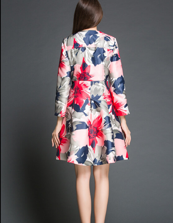 WholesaleFashionWomenFloralPrintingSingle-breastedLongSleevePleatedCoatDresses-ZME092810