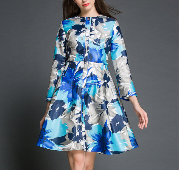 WholesaleFashionWomenFloralPrintingSingle-breastedLongSleevePleatedCoatDresses-ZME092810