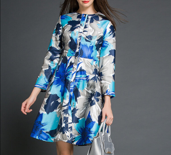 WholesaleFashionWomenFloralPrintingSingle-breastedLongSleevePleatedCoatDresses-ZME092810