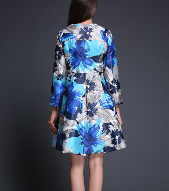 WholesaleFashionWomenFloralPrintingSingle-breastedLongSleevePleatedCoatDresses-ZME092810