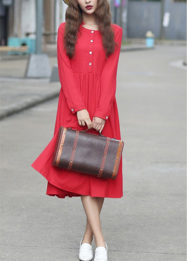 WholesaleFashionWomenO-NeckLongSleeveRedMaxiDress-ZME081027RD