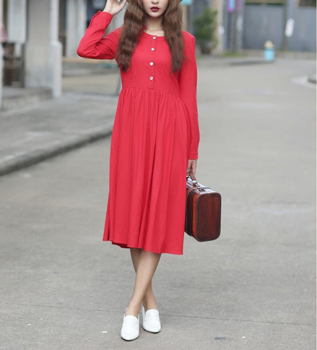 WholesaleFashionWomenO-NeckLongSleeveRedMaxiDress-ZME081027RD