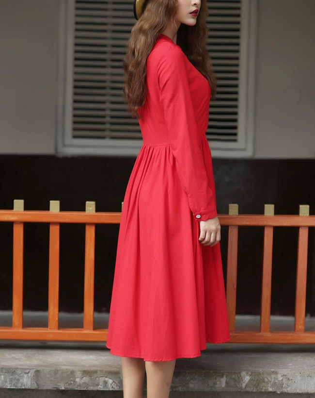 WholesaleFashionWomenO-NeckLongSleeveRedMaxiDress-ZME081027RD