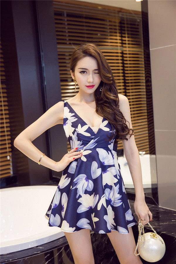 WholesaleFloralPrintDeepVSexyBacklessShortDress-TFK070826FO