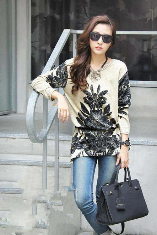 WholesaleInStockTopLooseFloralPatternLongSleeveTopFlannelStreetStyleT-shirt-ZFT092407LY