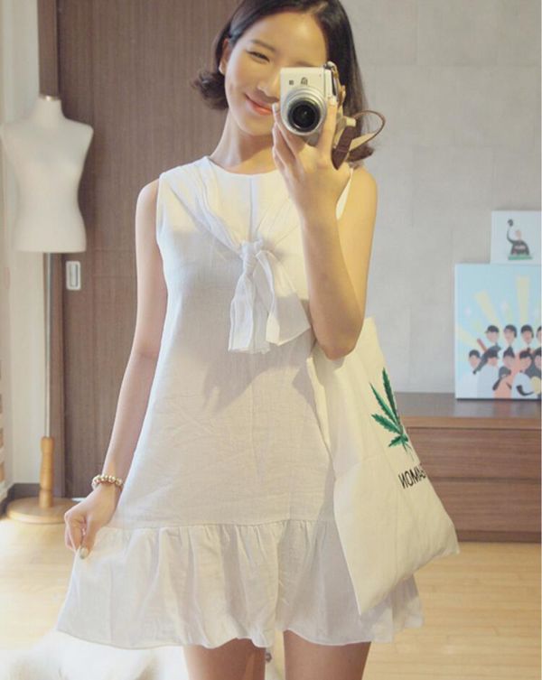 WholesaleKoreanBowRufflesSleevelessDress-FK040672