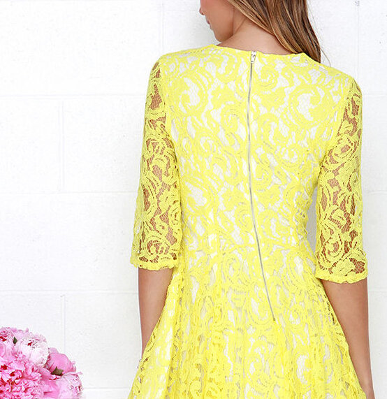 WholesaleKoreanDesignWomenLaceLongSleeveYellowPartyDresses-ZME100660YL