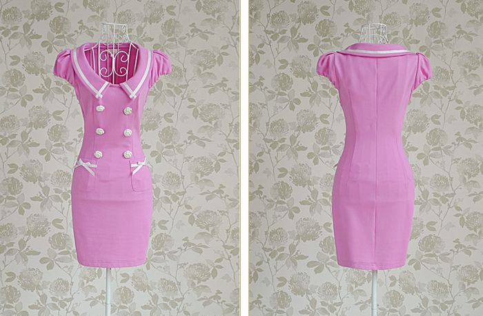 WholesaleLadysSlimFitTurn-downCollarDressInPink-NL072414PN