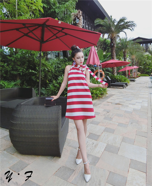 WholesaleOffShoulderStripeBandageCasualDress-TFK072641A