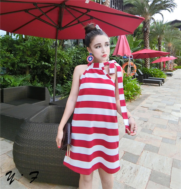 WholesaleOffShoulderStripeBandageCasualDress-TFK072641A