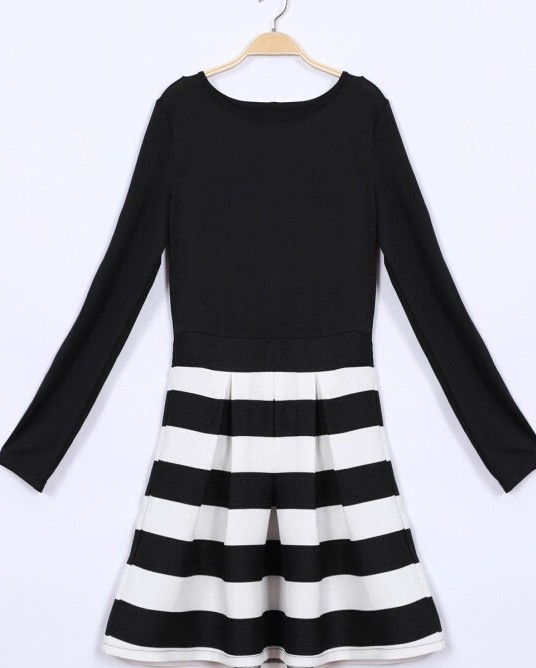 WholesaleStripePatchworkCrewNeckFashionDresses-TFK070115BA