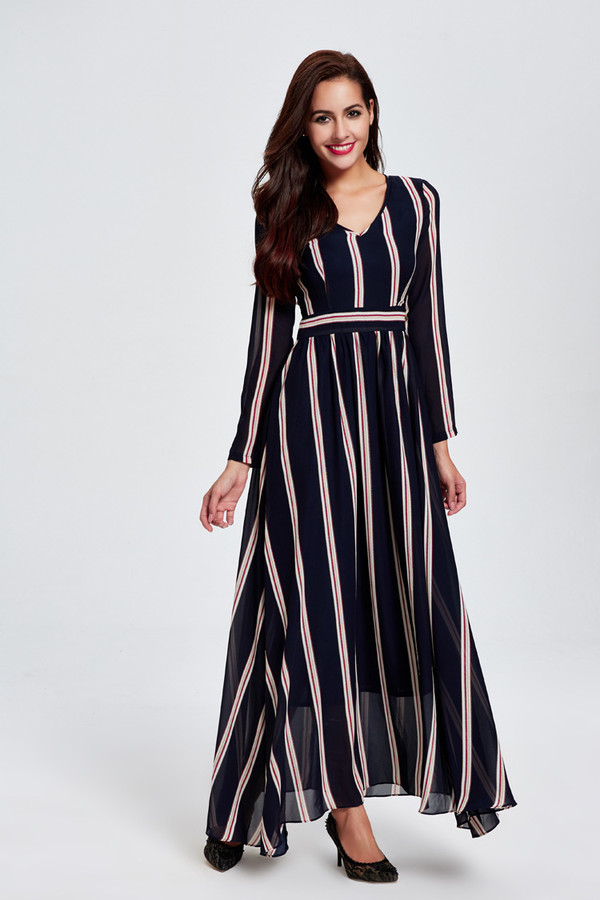 WholesaleStripeVNeckSlimWinterLongDresses-TFK081225DB