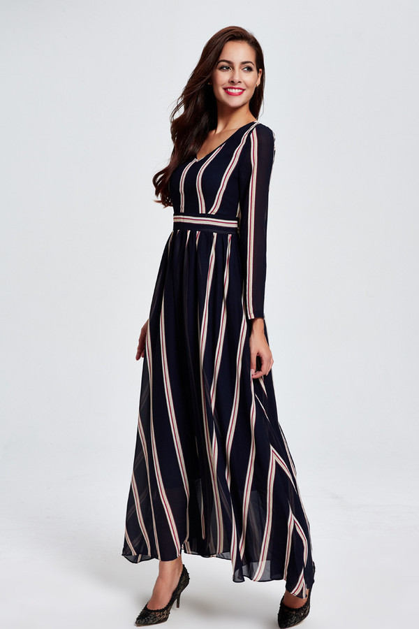 WholesaleStripeVNeckSlimWinterLongDresses-TFK081225DB