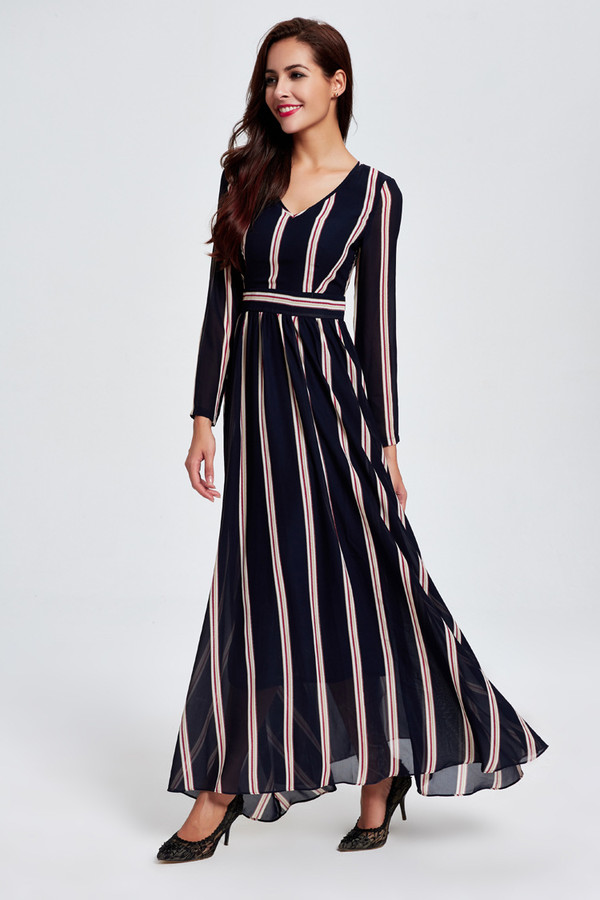 WholesaleStripeVNeckSlimWinterLongDresses-TFK081225DB