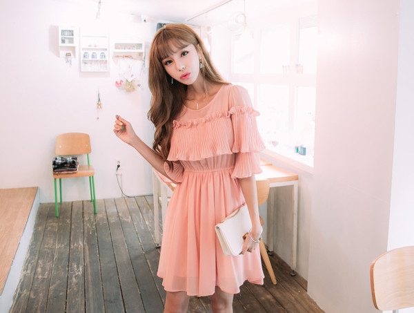 WholesaleSweetFlareSleeveRufflePinkPrettyDress-TFK080724PN