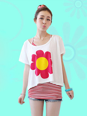 WholesaleWomensFashionFlowerPrintingBatSleeveT-shirts-WR061601