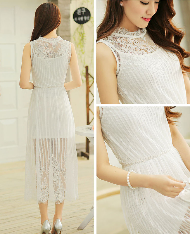 WomenlyKoreanNewFashionWhiteSleevelessHollowOutSlimWearOnlineDress-XHE052726WI