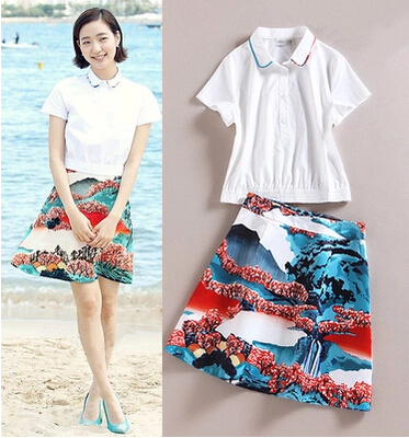 YouthfulDollCollarElasticHemTopWithInkPrintingSkirt-DFE061734